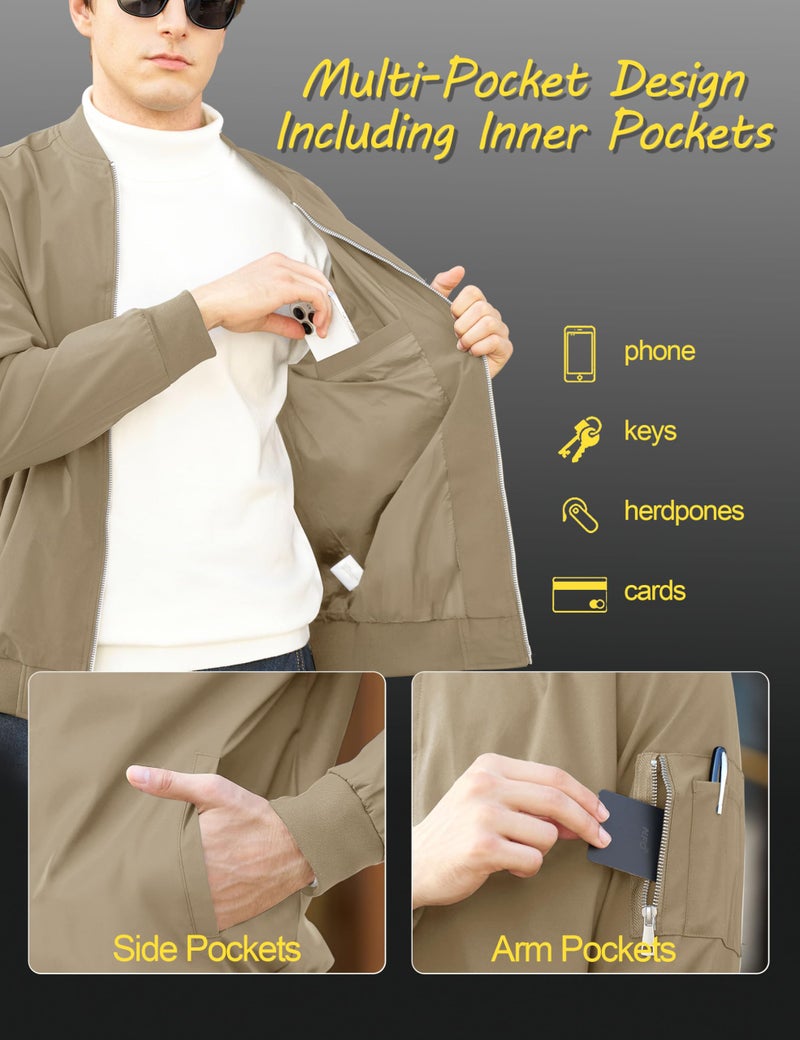 CRYSULLY Men's Bomber Jacket Lightweight Fall Casual Windbreaker Full Zip Waterproof Outwear Coats Khaki XL - Image 3